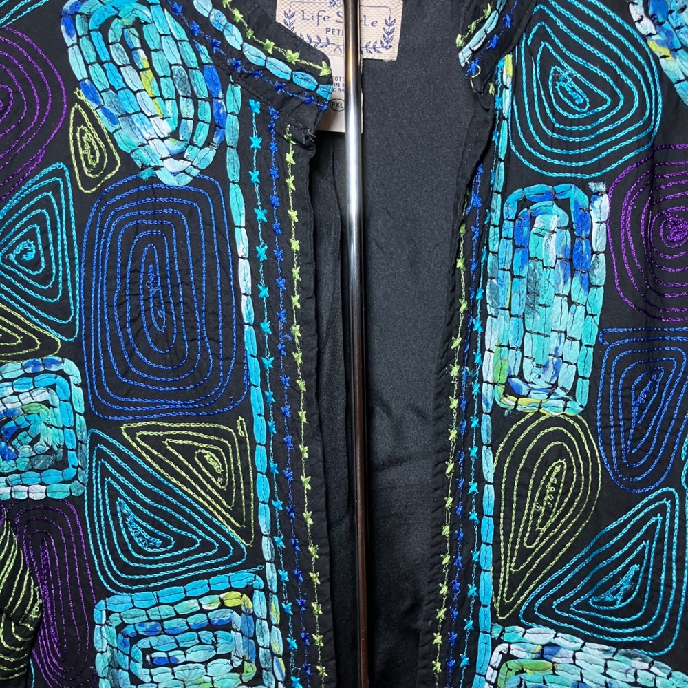 Life Style Petite Jacket Women PXL Black Blue Embroidered Art Boho Open Front - Picture 6 of 10